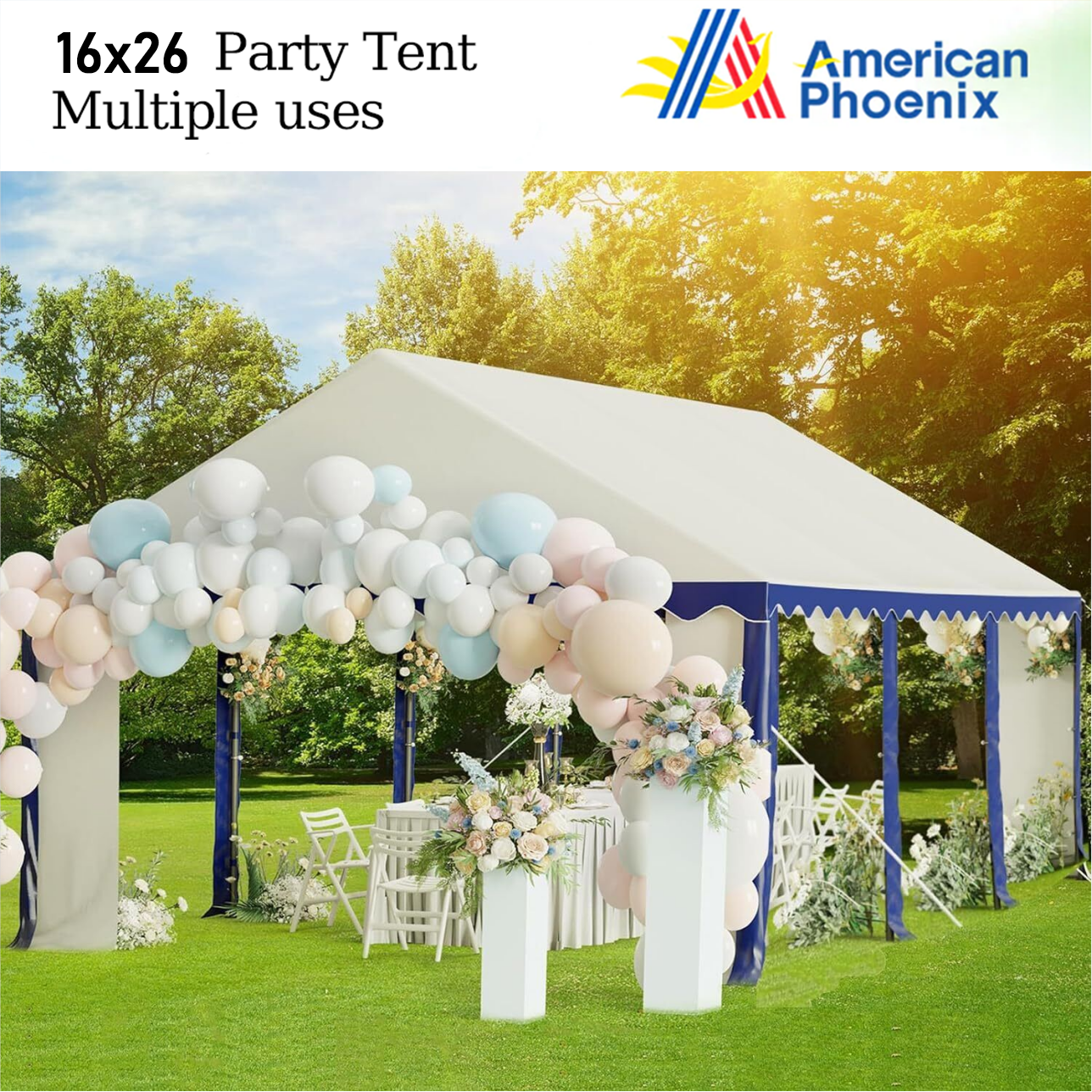American Phoenix 16x26 Party Tent- Blue + white