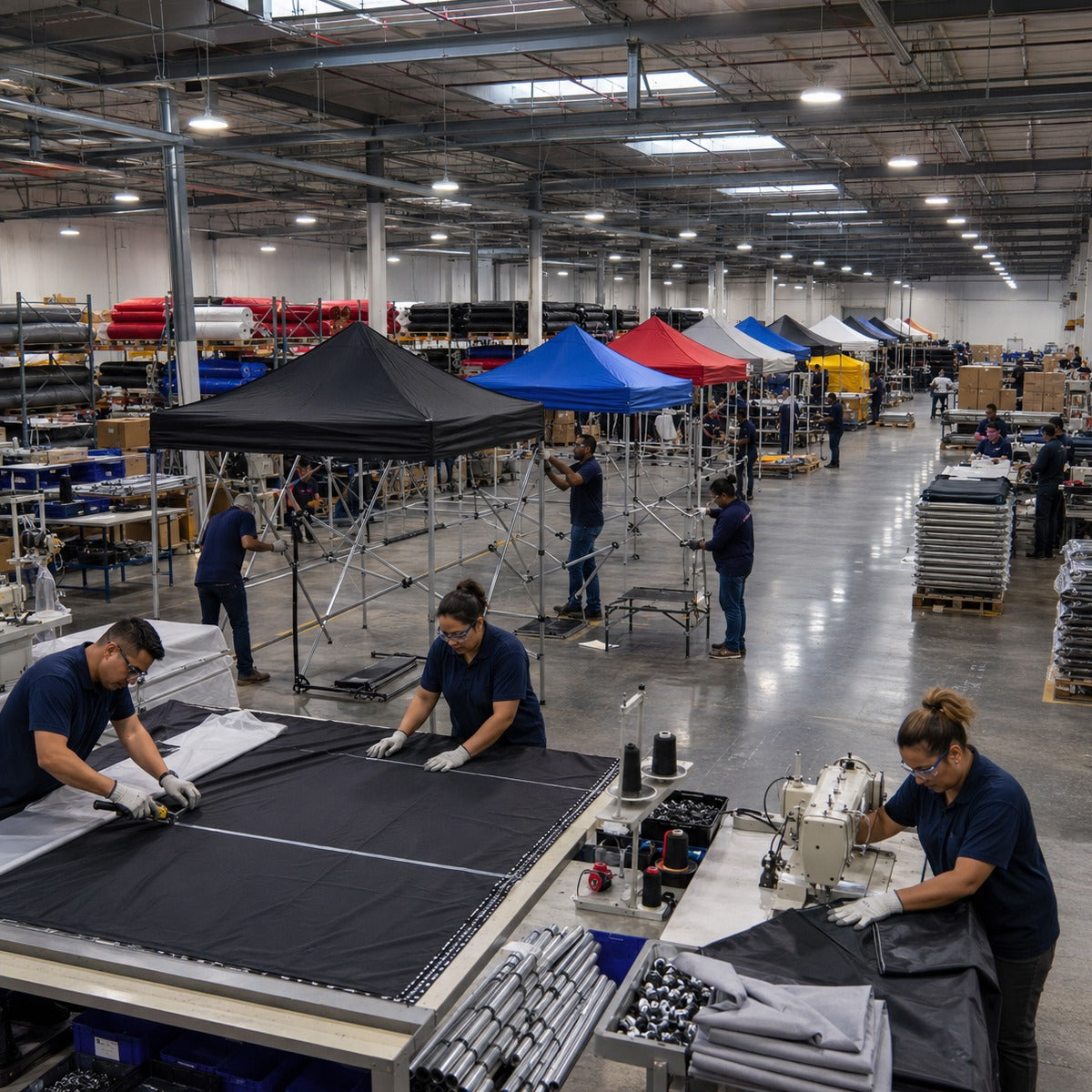 A large warehouse or production facility with multiple workers operating sewing machines and handling fabric. Several pop-up canopy tents in black, blue, red, and white are set up near workstations, with shelves and rolls of material visible throughout the industrial interior.