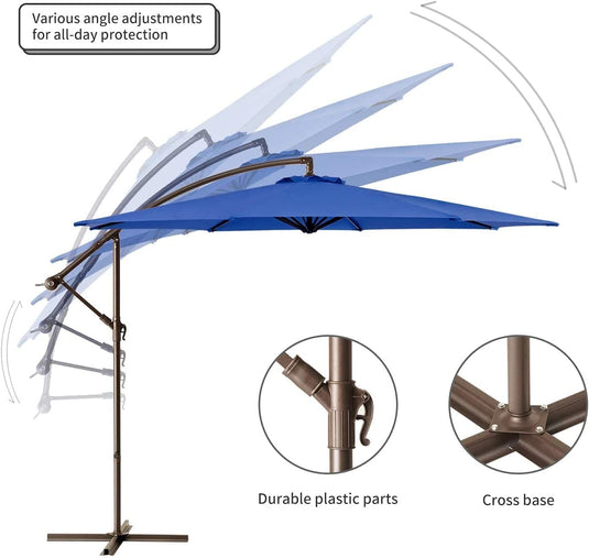 10FT Offset Cantilever Hanging Patio Umbrella with Crank & Cross Base (Lake Blue)