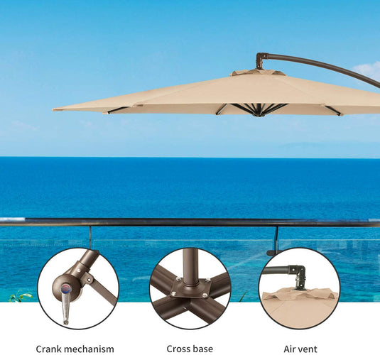 10FT Offset Cantilever Hanging Patio Umbrella with Crank & Cross Base (Beige)